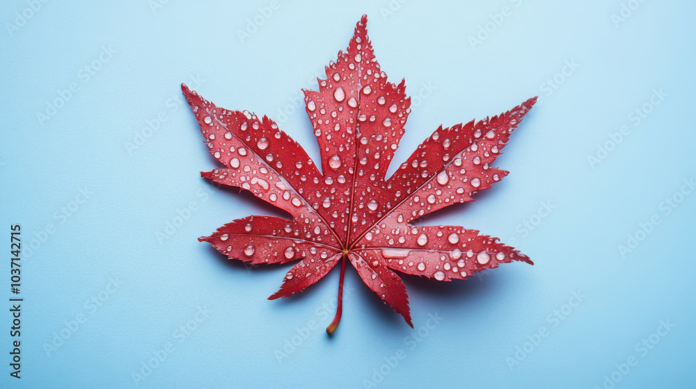 Vibrant red maple leaf with water droplets on light blue background Vibrant red maple leaf with water droplets on light blue background