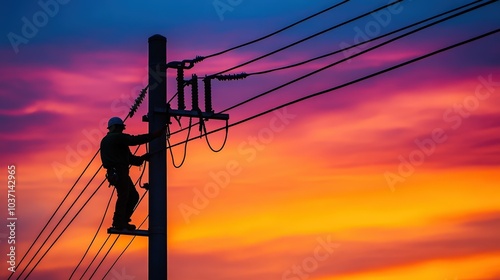 Silhouette of Electrician Working on Power Pole at Sunset