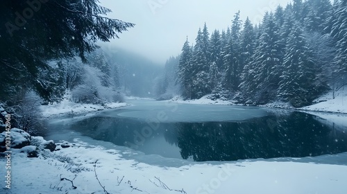 Wallpaper Mural 69. A serene snowy landscape with a frozen lake and evergreen trees dusted with snow Torontodigital.ca