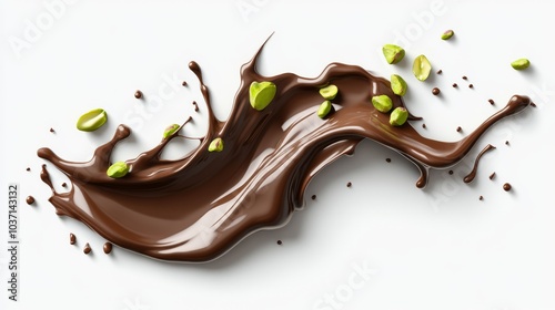 Liquid chocolate splashing with whole pistachios and chocolate pieces in mid-air, capturing motion and richness against a white background..