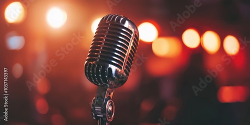 Vintage Microphone on Stage with Warm Lights Retro Music Recording Studio Audio Performance