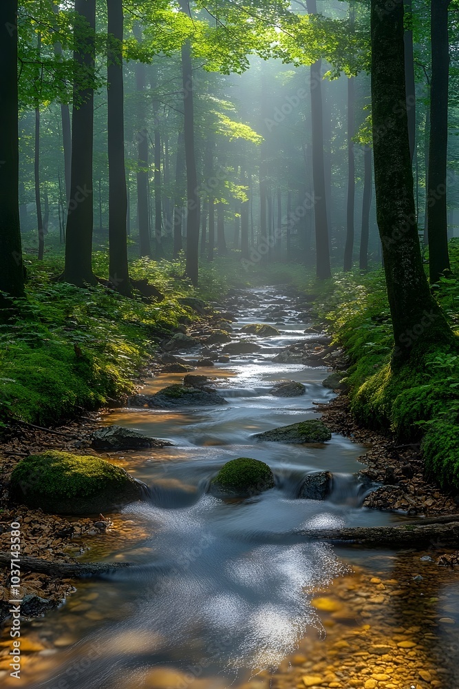 Obraz premium A serene forest landscape featuring a flowing stream, lush greenery, and misty light filtering through the trees, creating a tranquil atmosphere.