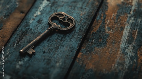 An ornate vintage key rests on a weathered wooden surface, highlighting its intricate design.