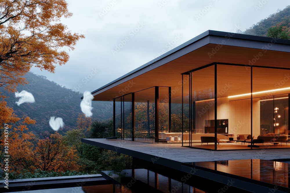 Obraz premium A sleek modern glass house with large windows overlooks a scenic autumn mountain landscape, featuring contemporary architecture and a warm, inviting interior glow.