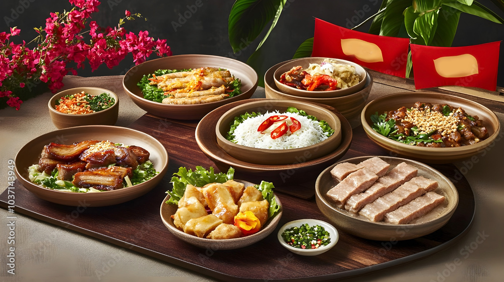 Traditional Vietnamese dishes served for Lunar New Year, including banh chung, caramelized pork, and rice noodles, displayed with fresh garnishes and floral decor