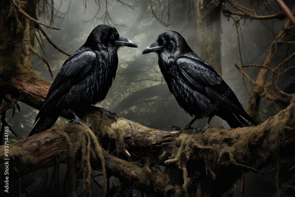 Obraz premium Two common ravens are perched closely on a mossy branch in a dimly lit forest seemingly communicating with one another as twilight approaches