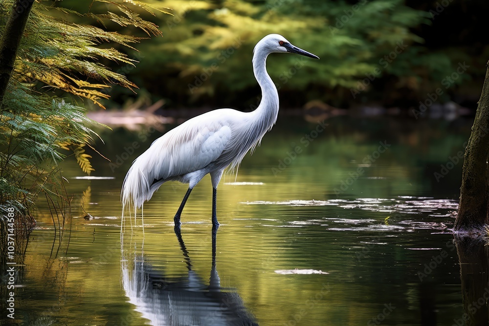 Naklejka premium A beautiful crane stands in tranquil water surrounded by vibrant greenery capturing the peaceful essence of nature in the late afternoon light