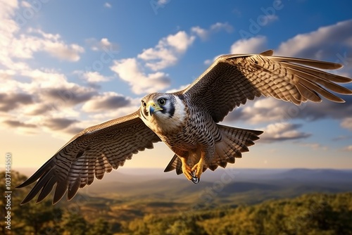 A powerful eagle glides effortlessly against the backdrop of a stunning landscape beneath a colorful sunset showcasing its strength and beauty