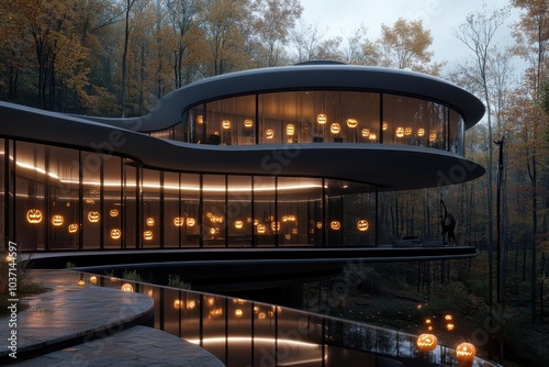 A curvaceous glass dwelling highlighted by eerie pumpkin illuminations, combining a sleek modern aesthetic with the spooky delights of Halloween in a tranquil forest area. photo