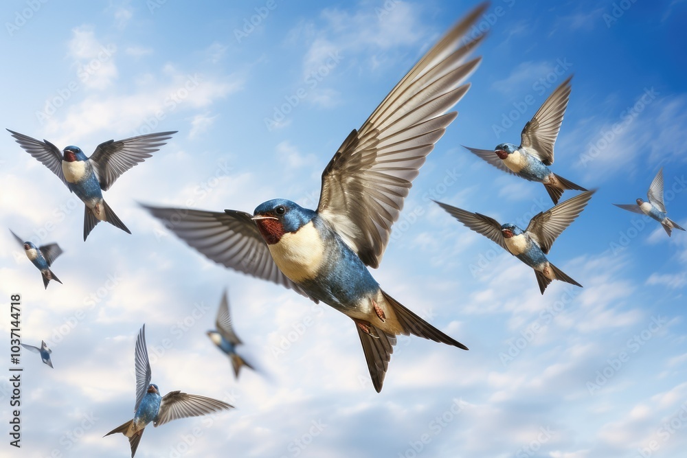 Obraz premium A flock of swallows is seen soaring through the vibrant sky their wings outstretched as they navigate with agility amidst the beautiful evening light
