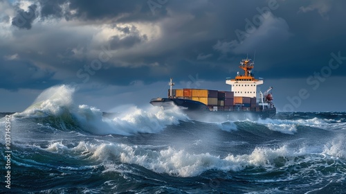 Cargo ship braves stormy seas photo