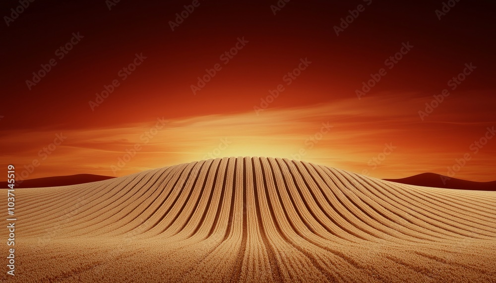 Naklejka premium A serene landscape featuring golden fields with distinct furrows, illuminated by a vibrant sunset sky in hues of orange and red.