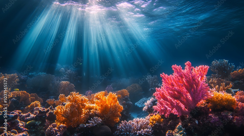 Obraz premium 78. A vibrant coral reef teeming with life, with rays of sunlight filtering down through the water