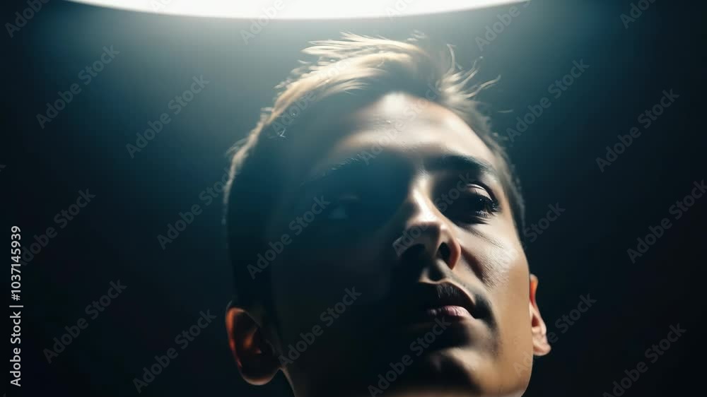 Dramatic portrait lighting on young man in dark setting