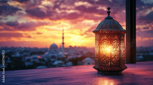 Ornate lantern at sunset photo