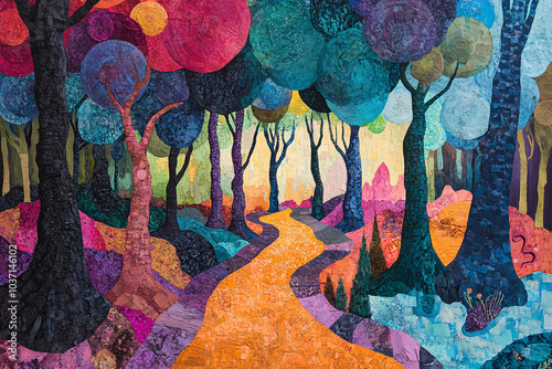 Vibrant Fantasy Forest Path Illustration in Bold Colors and Whimsical Patterns, Perfect for Creative Designs, Fantasy Art, and Imaginative Projects photo