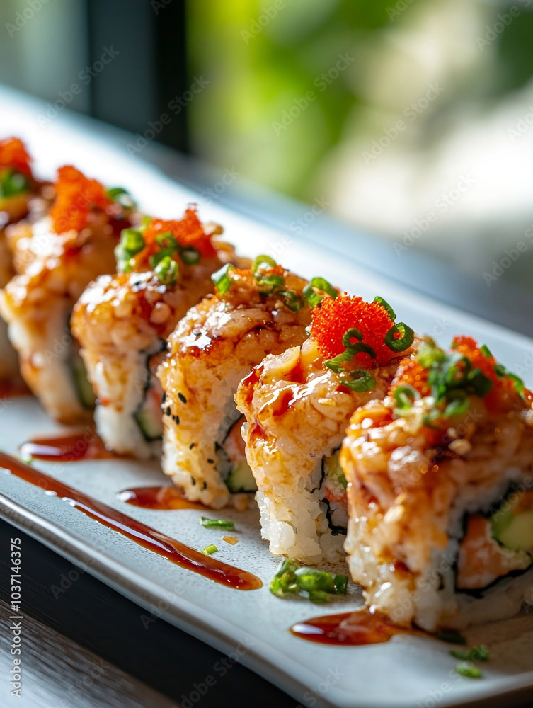 Elegant presentation of salmon nigiri sushi, emphasizing the freshness and quality of the seafood Elegant presentation of salmon nigiri sushi, emphasizing the freshness and quality of the seafood
