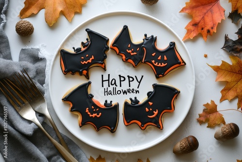  White plate filled with Halloween cookies, including bat-shaped cookies and the text 