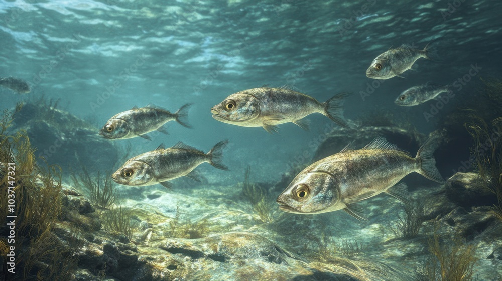 Obraz premium A school of small, prehistoric jawless fish swimming along the seafloor in ancient waters.