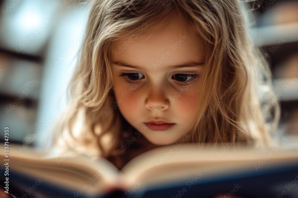 Child Girl Focused on Book Reading in Quiet Library Environment Child Girl Focused on Book Reading in Quiet Library Environment