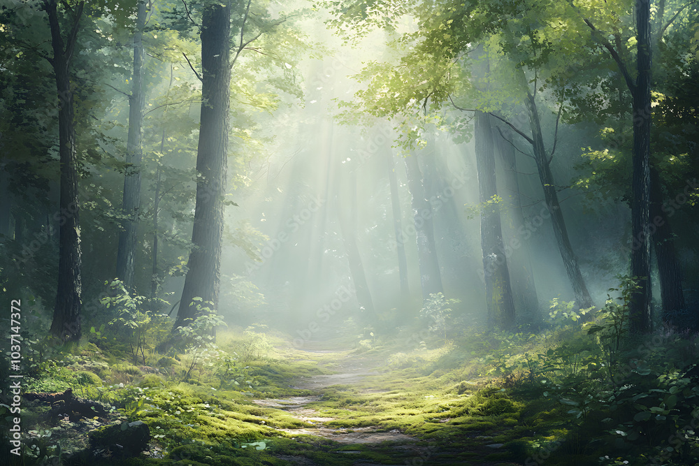 Obraz premium Forest path shrouded in mist, with sunlight softly breaking through tall trees, casting beams of light on moss-covered ground.