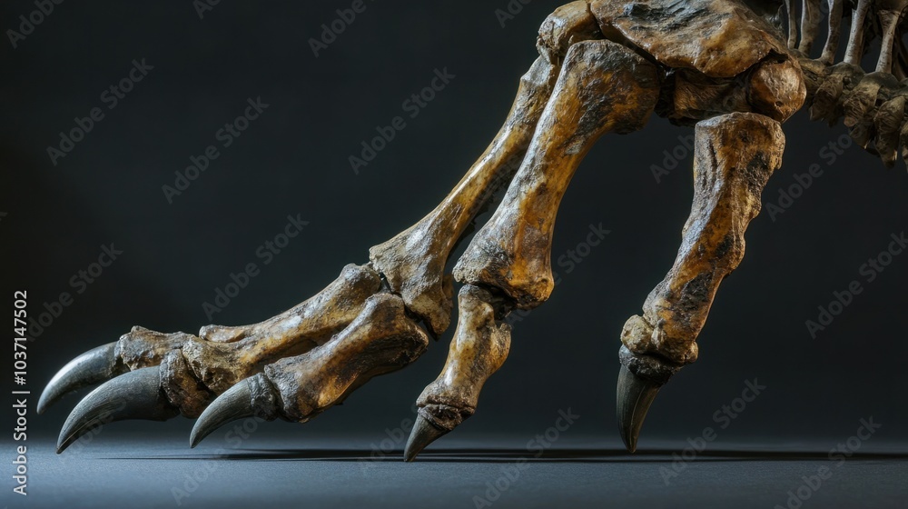 A side view of a sauropod foot, highlighting the massive bones and claws designed to support its weight.