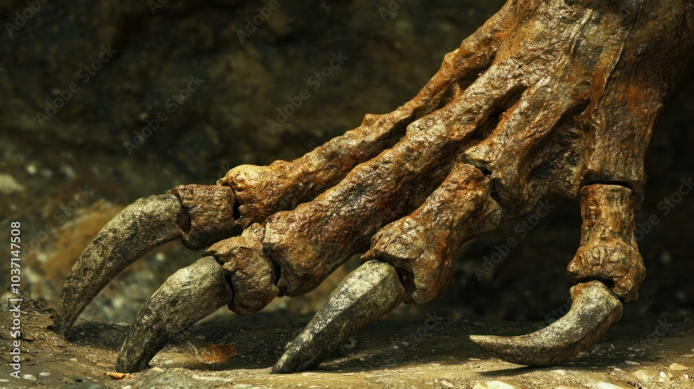 A side view of a sauropod foot, highlighting the massive bones and claws designed to support its weight. A side view of a sauropod foot, highlighting the massive bones and claws designed to support its weight.