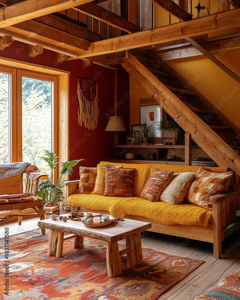 Fototapeta premium Cozy Tiny House Interior with Autumnal Colors: Warm Fall Palette Featuring Golden Yellow, Deep Red, Rustic Orange, and Forest Green 