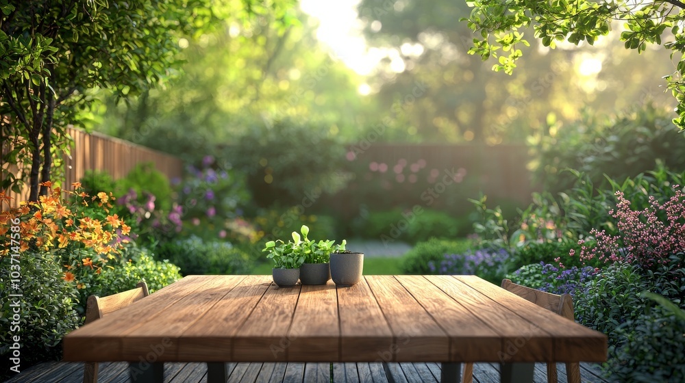 Naklejka premium A serene garden setting featuring a wooden table adorned with potted plants, surrounded by lush greenery and vibrant flowers, inviting relaxation and tranquility.