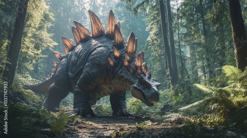 A Stegosaurus lashing out with its spiked tail, keeping a predator at a distance in a dense forest. photo