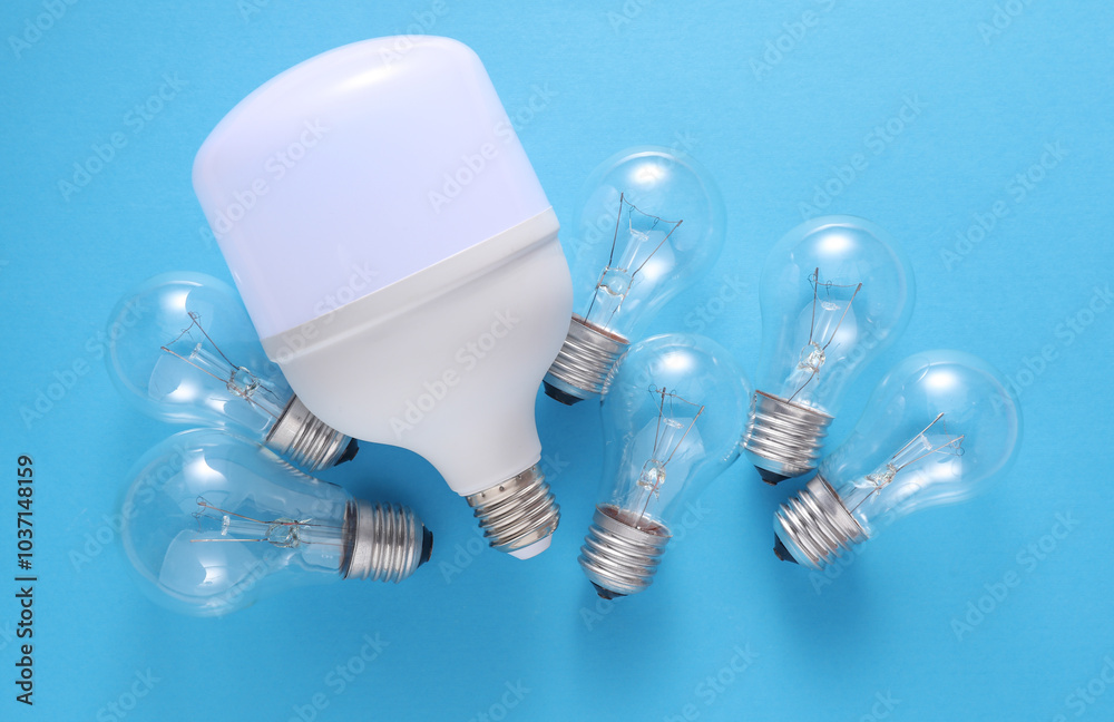 LED and ncandescent light bulbs on blue background. Saving electricity LED and ncandescent light bulbs on blue background. Saving electricity