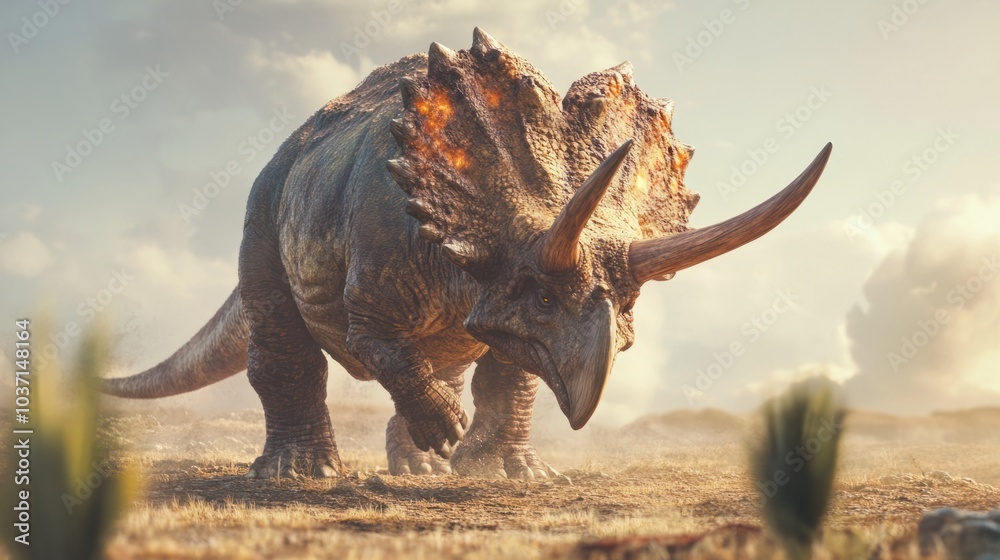 Fototapeta premium A Triceratops lowering its head, ready to charge with its sharp horns in defense against a fierce predator.