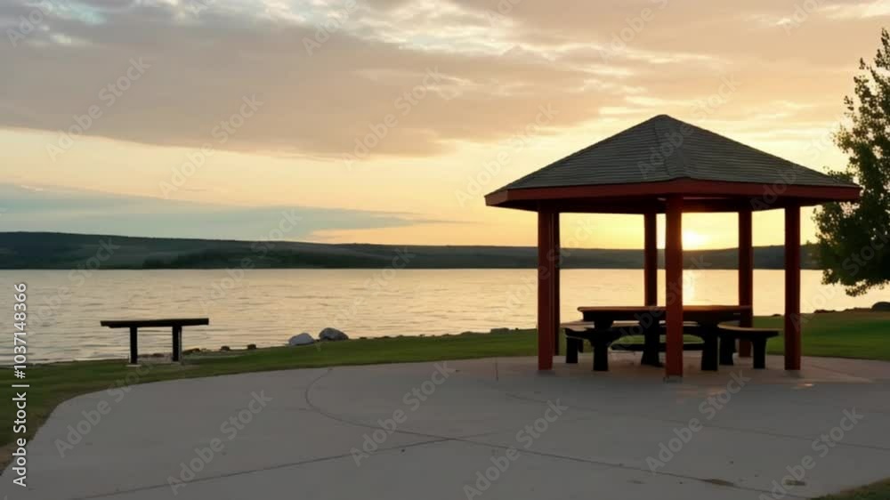 pavilion on the lakeshore a resting place for visitors created with generative ai.	

