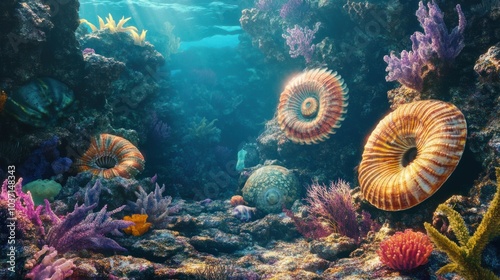 A vibrant prehistoric underwater scene filled with ammonites, early fish species, and primitive marine plants.