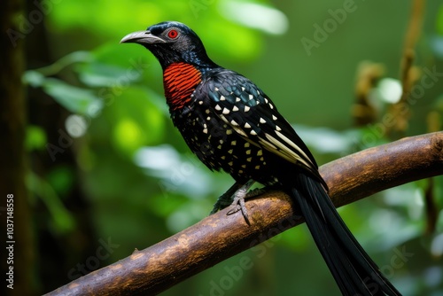 The Asian koel is perched gracefully on a branch showcasing its stunning black and red plumage against the backdrop of a vibrant green forest in soft morning light photo