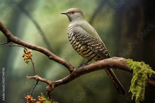 A Little Bronze Cuckoo rests on a branch with delicate foliage in the background showcasing its unique features against the serene forest setting