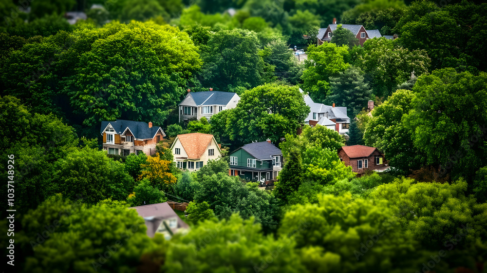 Real Estate - Aerial view of a lush neighborhood surrounded by trees and greenery. Real Estate - Aerial view of a lush neighborhood surrounded by trees and greenery.