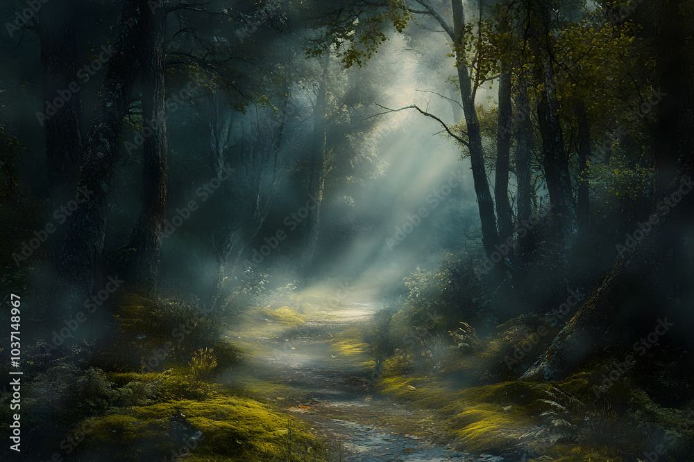 Fototapeta premium Sunlight breaking through the mist on a forest path, casting soft beams of light onto moss-covered ground under tall trees.