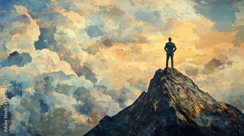 A lone figure stands atop a mountain, gazing at a dramatic sky filled with clouds.