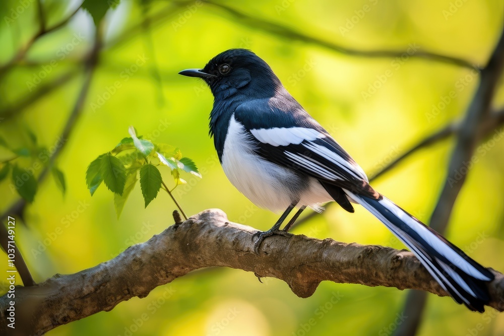 An oriental magpie robin perches gracefully on a branch surrounded by vibrant foliage capturing the beauty of morning sunlight filtering through the leaves An oriental magpie robin perches gracefully on a branch surrounded by vibrant foliage capturing the beauty of morning sunlight filtering through the leaves
