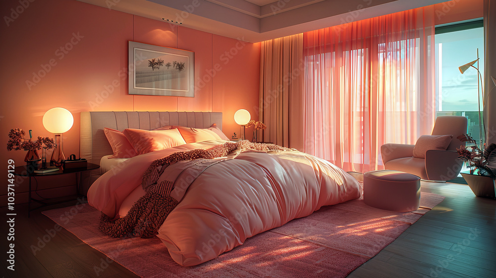 Modern bedroom in soft peach tones with warm lighting, featuring a plush bed, stylish decor, and floor-to-ceiling windows with sheer curtains. Modern bedroom in soft peach tones with warm lighting, featuring a plush bed, stylish decor, and floor-to-ceiling windows with sheer curtains.