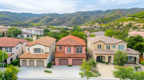 Wallpaper Mural Real Estate - Aerial view of suburban homes with mountains in the background. Torontodigital.ca