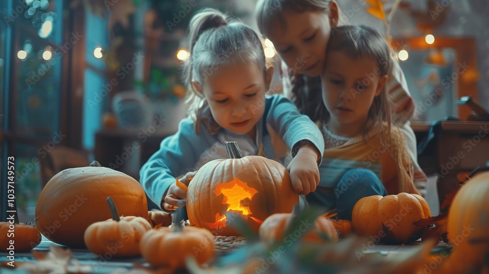 Fototapeta premium Children carving pumpkins with their family in a cozy setting on color background