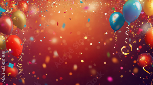 Celebration Confetti: A vibrant backdrop of colorful balloons and cascading confetti bursts with joyful energy, creating a celebratory atmosphere perfect for any occasion.