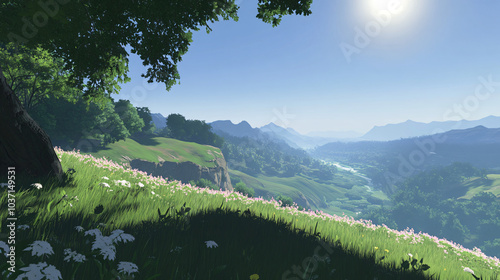 A serene hilltop view overlooking a lush valley with rolling hills.