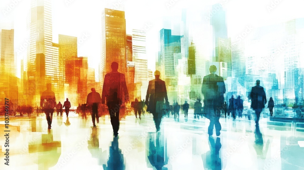 Artistic watercolor depiction of a city with high-rises, people in motion in the foreground, capturing the energy of urban life Artistic watercolor depiction of a city with high-rises, people in motion in the foreground, capturing the energy of urban life