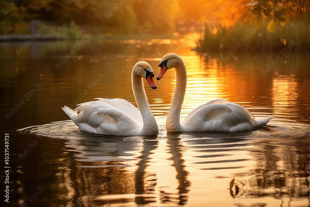 A graceful pair of swans glides softly through a tranquil pond illuminated by the warm glow of a stunning sunset A graceful pair of swans glides softly through a tranquil pond illuminated by the warm glow of a stunning sunset