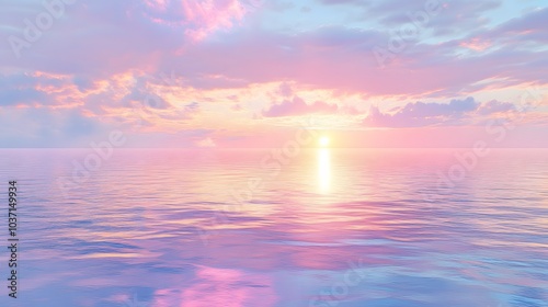 104. A breathtaking view of a sunrise over a calm ocean, with soft pastel colors reflecting on the water