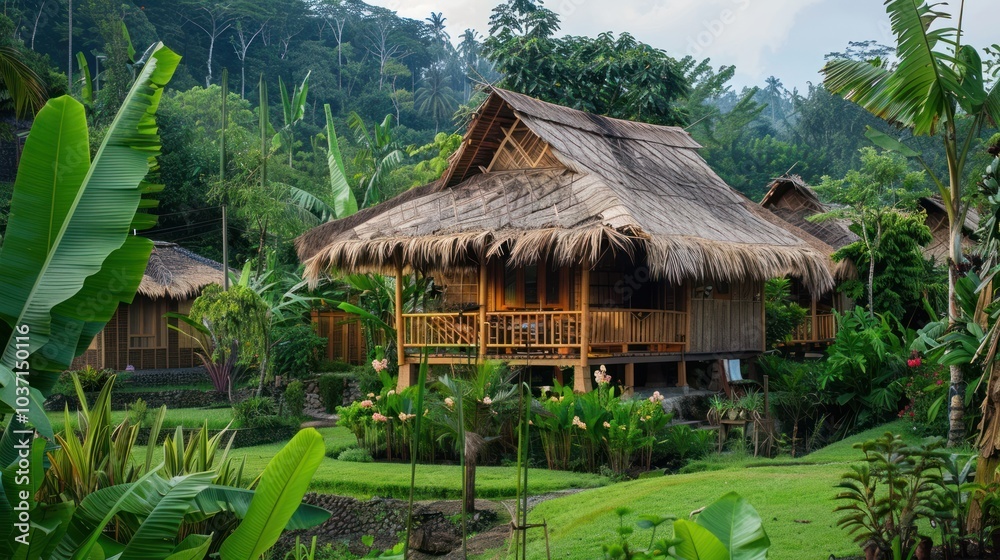 Traditional Bamboo Hut in Lush Tropical Setting Traditional Bamboo Hut in Lush Tropical Setting