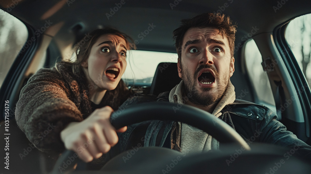 Obraz premium Dramatic Scene of a Couple in a Car Reacting with Shock and Panic While Driving, Perfect for Road Safety Campaigns, Entertainment, or Automotive Projects